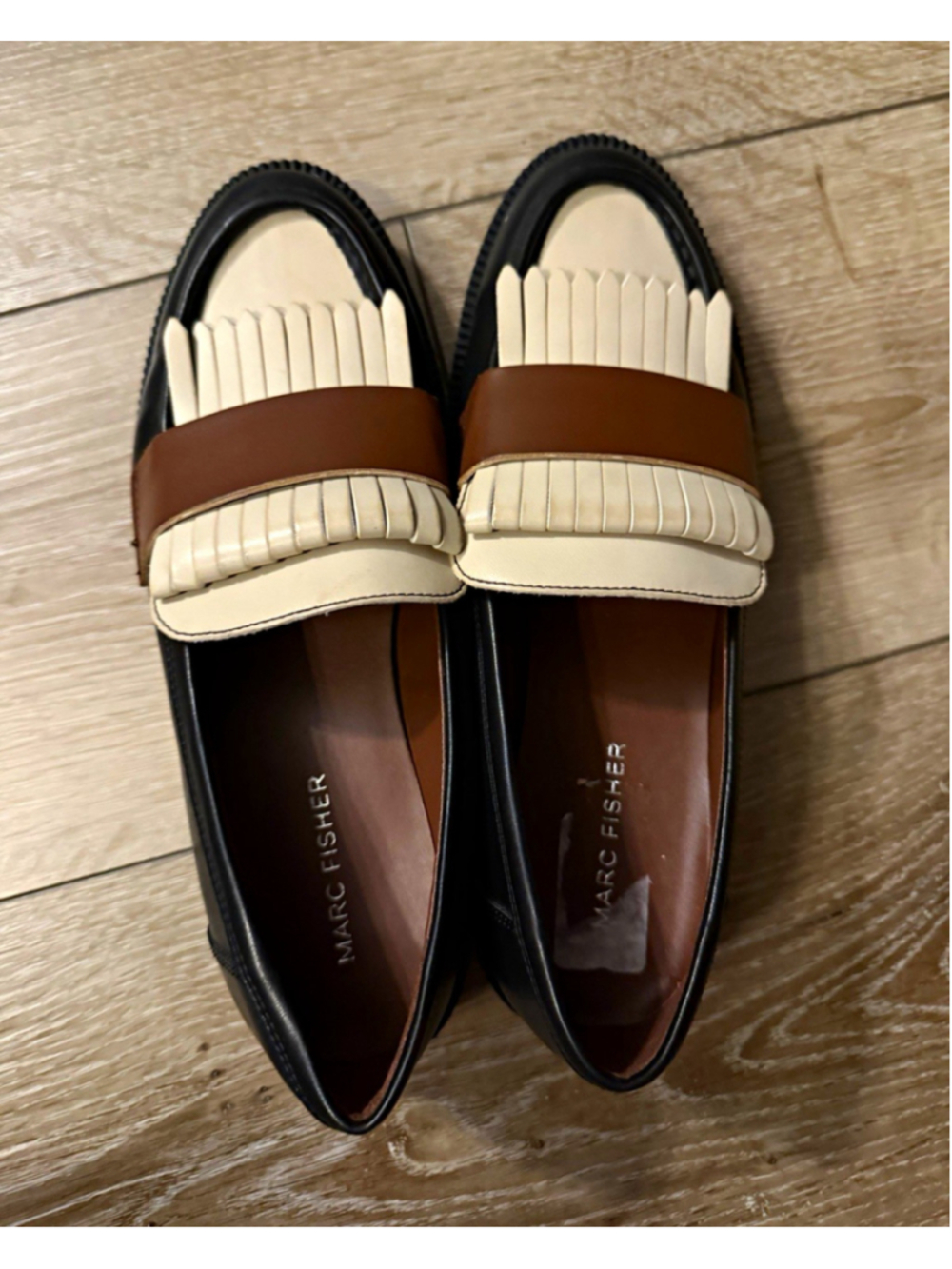 Marc Fisher 7.5 Kiltie Fringe Loafers Black Brown Cream Chunky Preppy Shoes